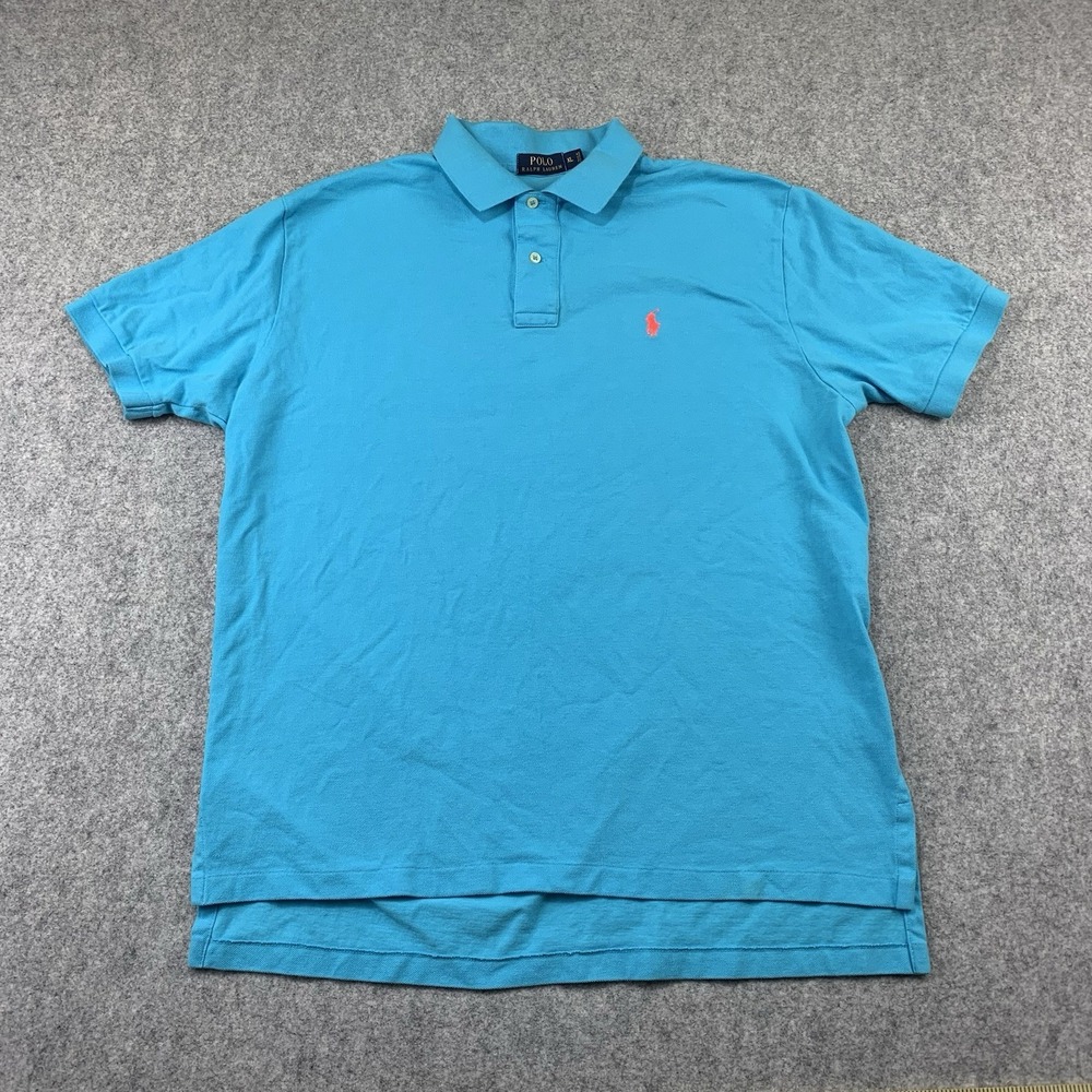Polo Ralph Lauren Polo Shirt Mens Size XL Blue Solid Pink Pony Logo Knit Cotton